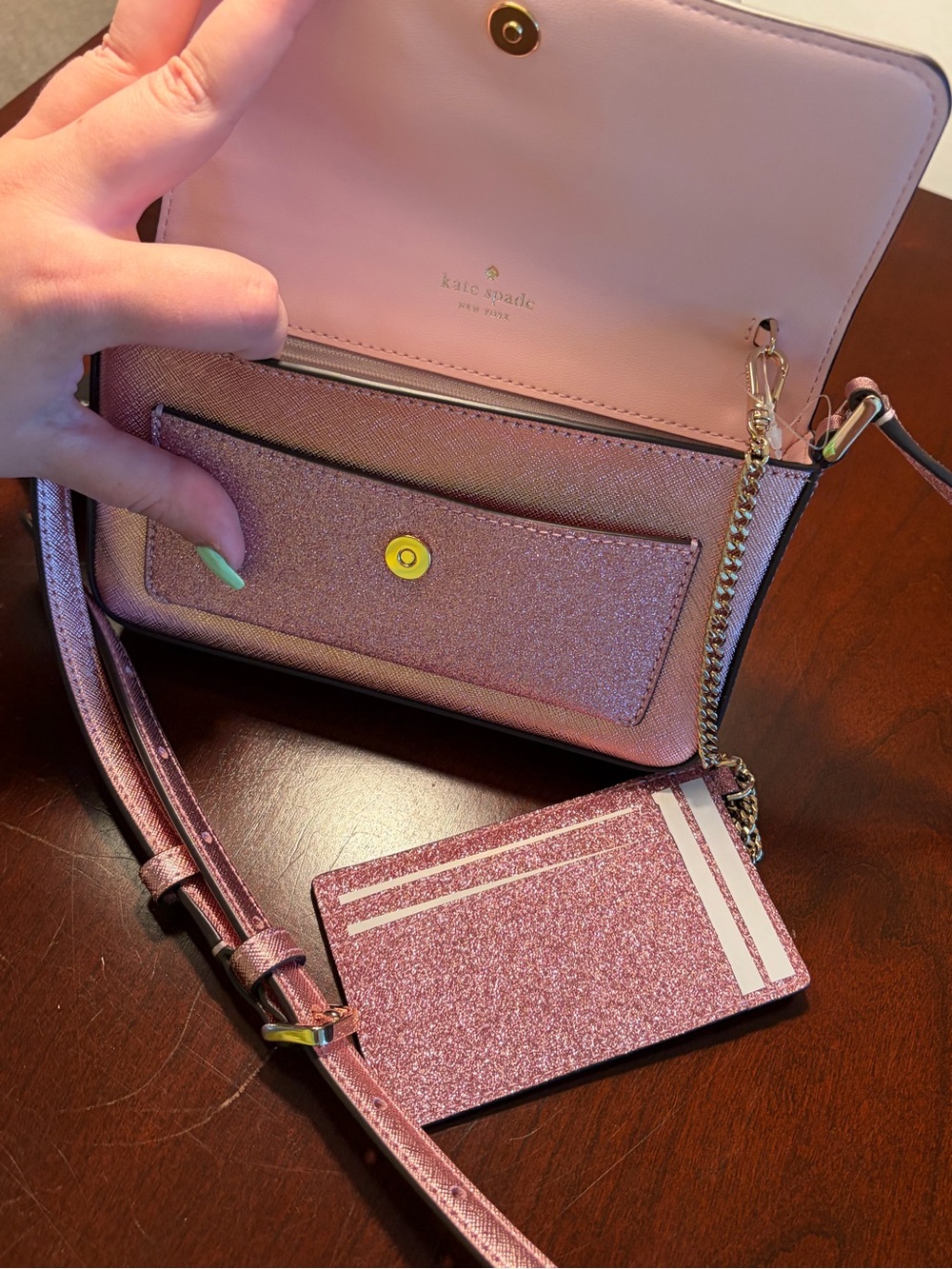 NWT Kate Spade Pink Glimmer Glitter Crossbody/Card Holder Duo - Picture 6 of 13